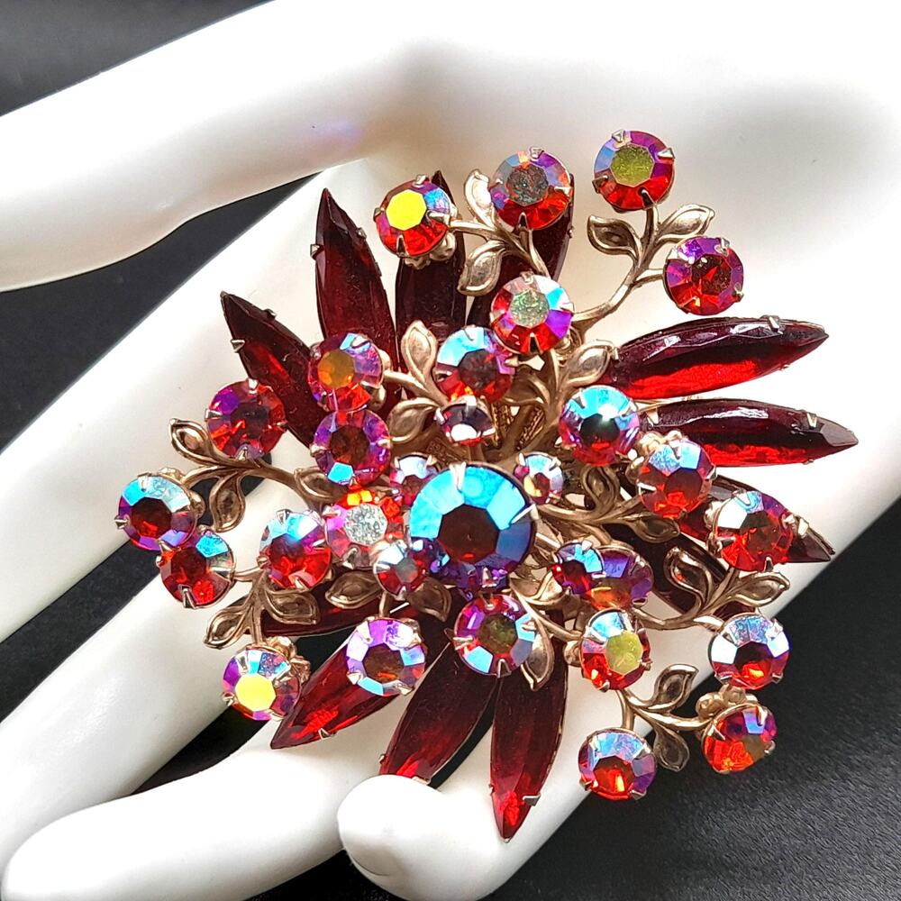 Mid-century Red Aurora Borealis Rhinestone Floral Brooch, Riveted Design, 1950s